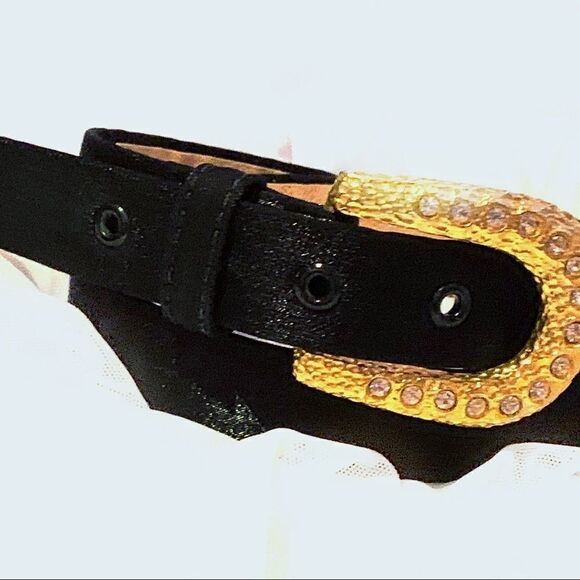 Black shiny fabric belt gold crystal buckle M - Picture 1 of 9